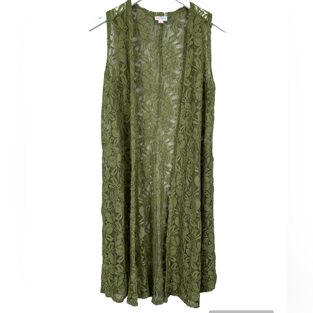 LuLaRoe Green Lace Long Sleeveless Duster Kimono Cover Up Size XS